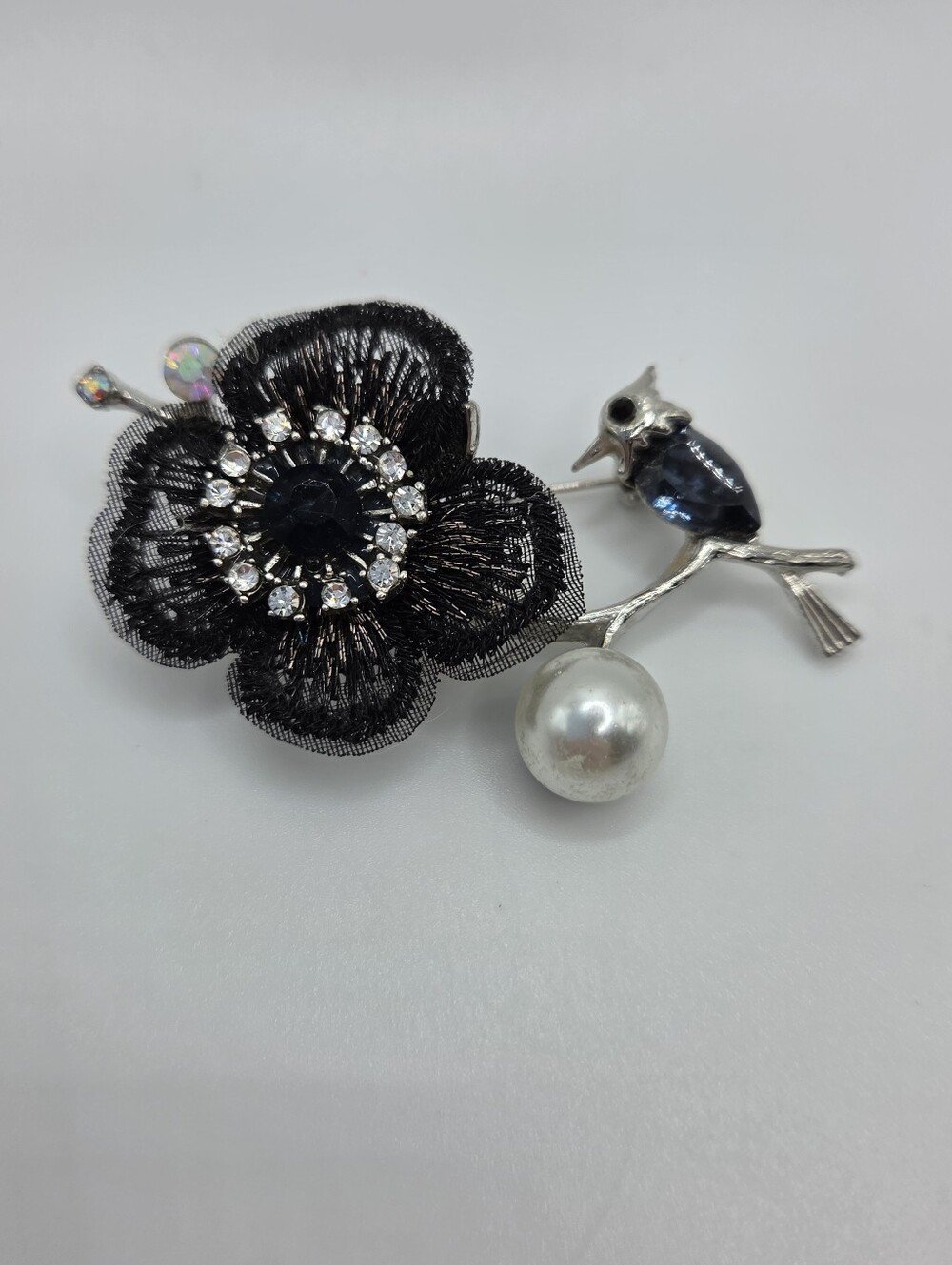 Black Flower Bird Brooch Silver Tone Crystal Embroidered Mesh New